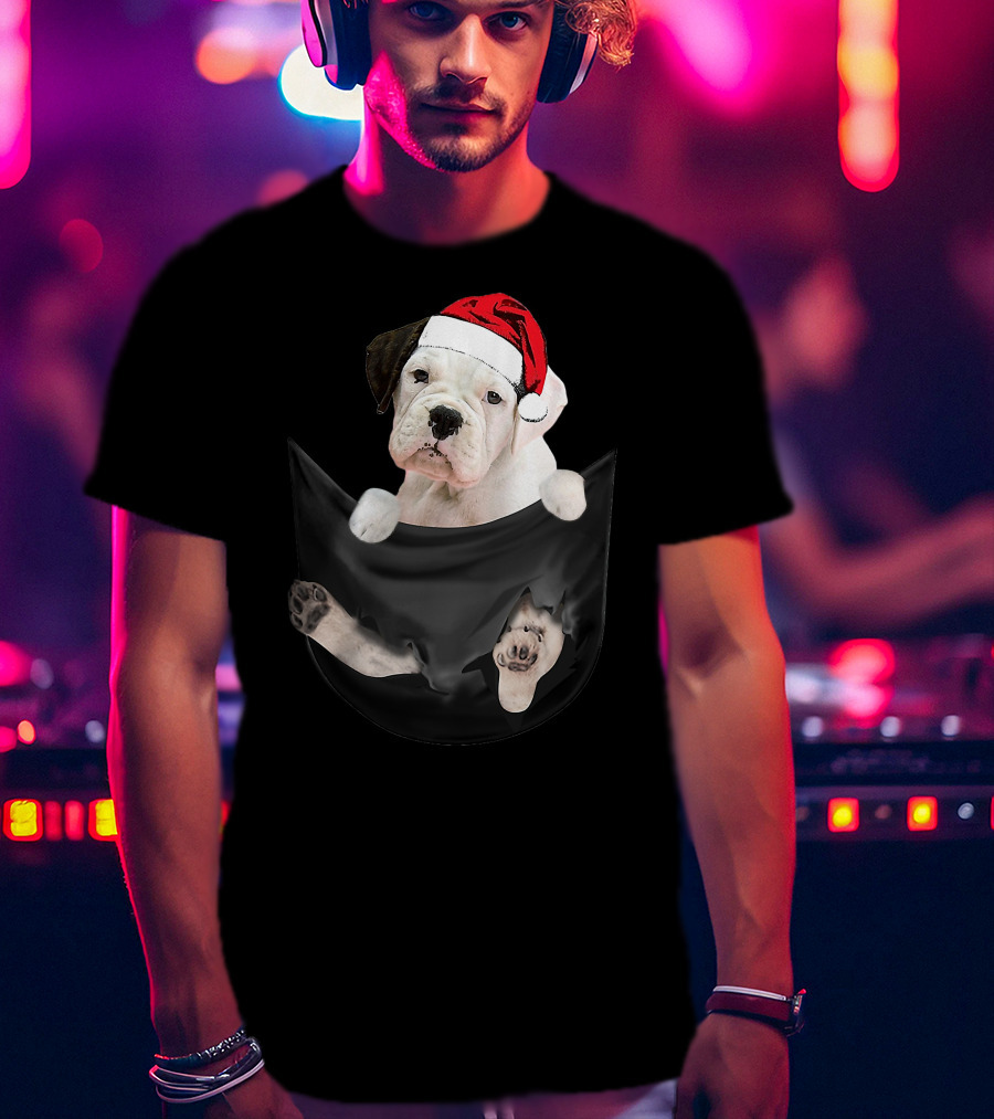 White Boxer Dog Santa Hat Christmas Pocket Mid-Length T-Shirt