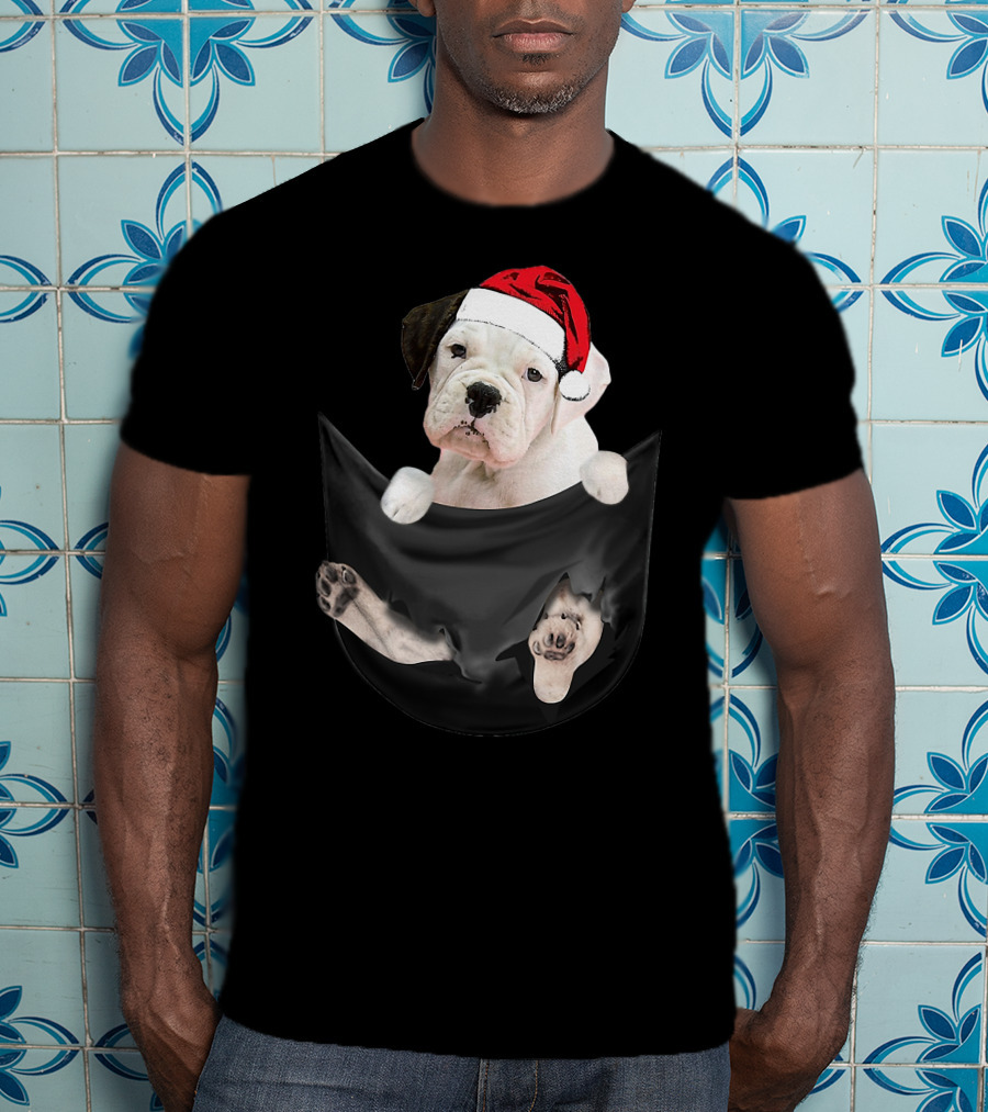 White Boxer Dog Santa Hat Christmas Pocket Mid-Length T-Shirt