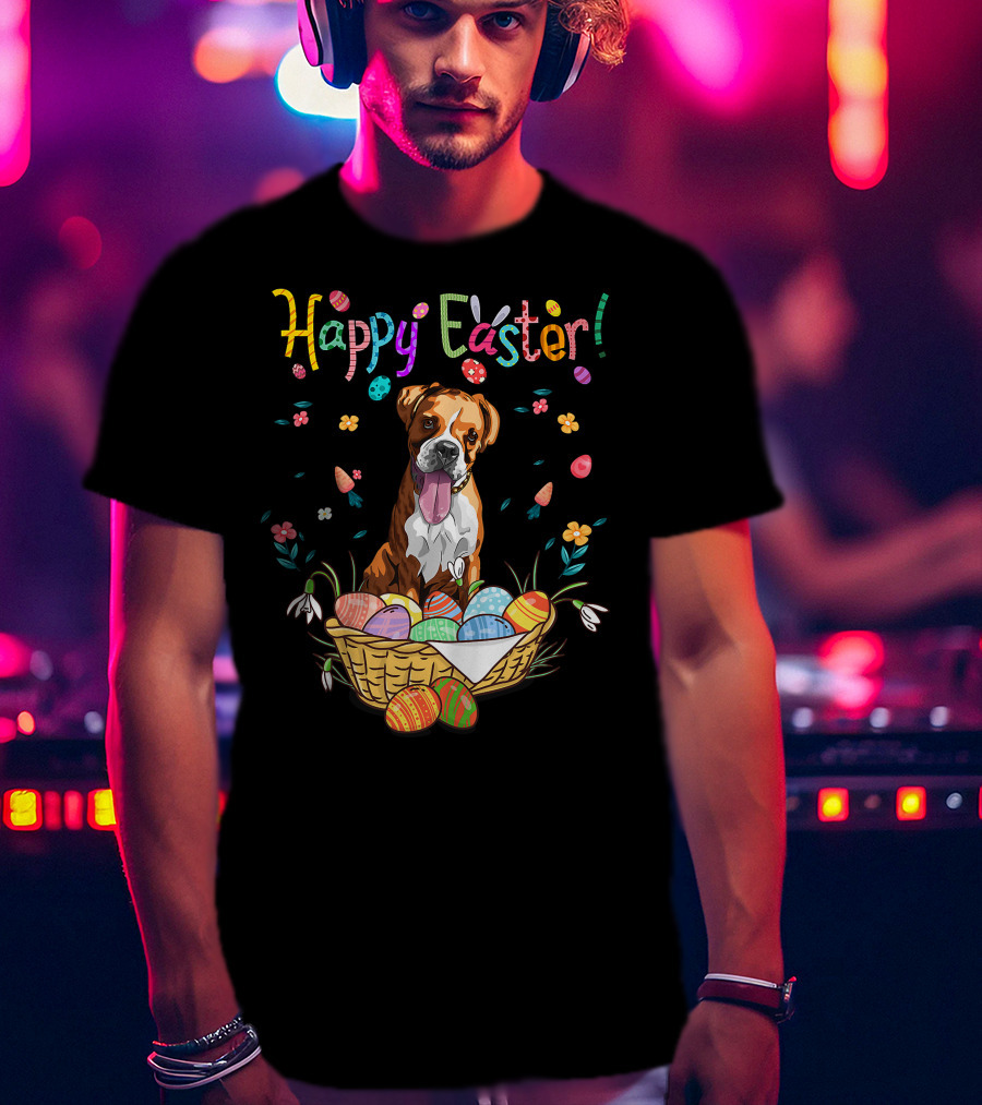 Happy Easter Bunny Boxer Dog In Egg Basket T-Shirt