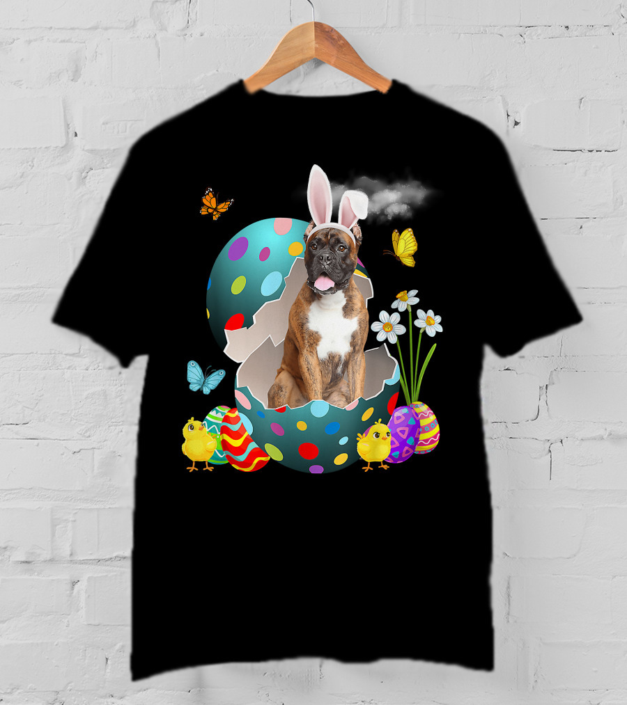 Bunny Boxer Dog With Easter Eggs Chicks Butterflies And Flowers T-Shirt