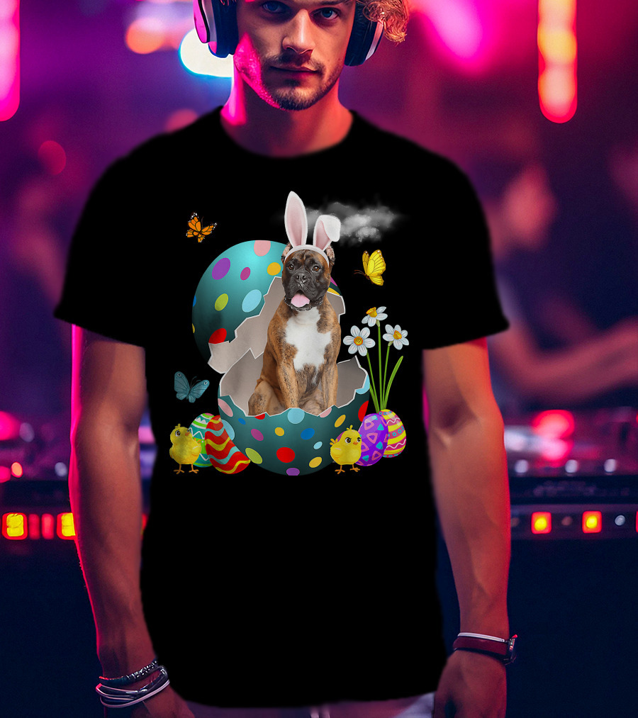 Bunny Boxer Dog With Easter Eggs Chicks Butterflies And Flowers T-Shirt