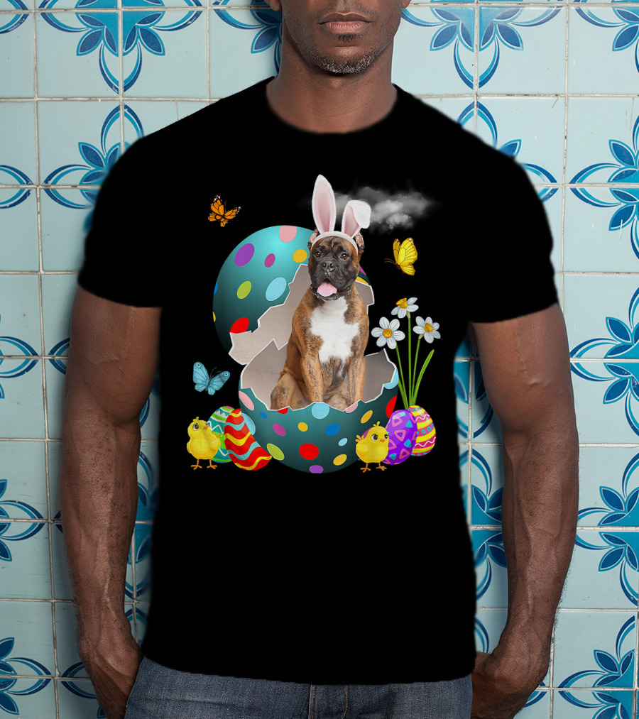 Bunny Boxer Dog With Easter Eggs Chicks Butterflies And Flowers T-Shirt