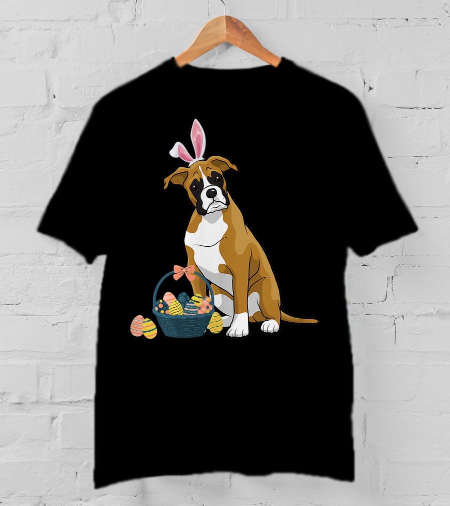 Bunny Ears Boxer Dog Cute Doge Rabbit With Easter Eggs Basket T-Shirt
