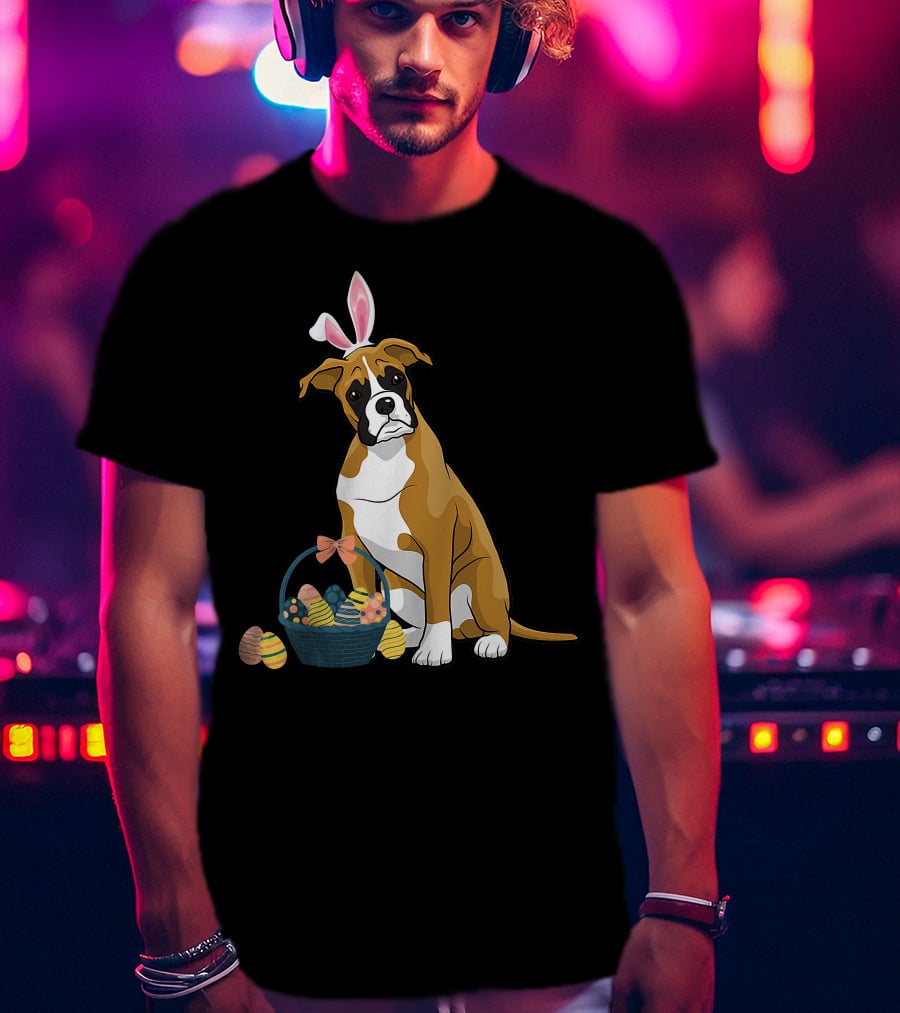 Bunny Ears Boxer Dog Cute Doge Rabbit With Easter Eggs Basket T-Shirt