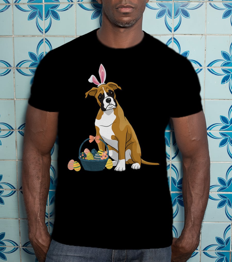 Bunny Ears Boxer Dog Cute Doge Rabbit With Easter Eggs Basket T-Shirt