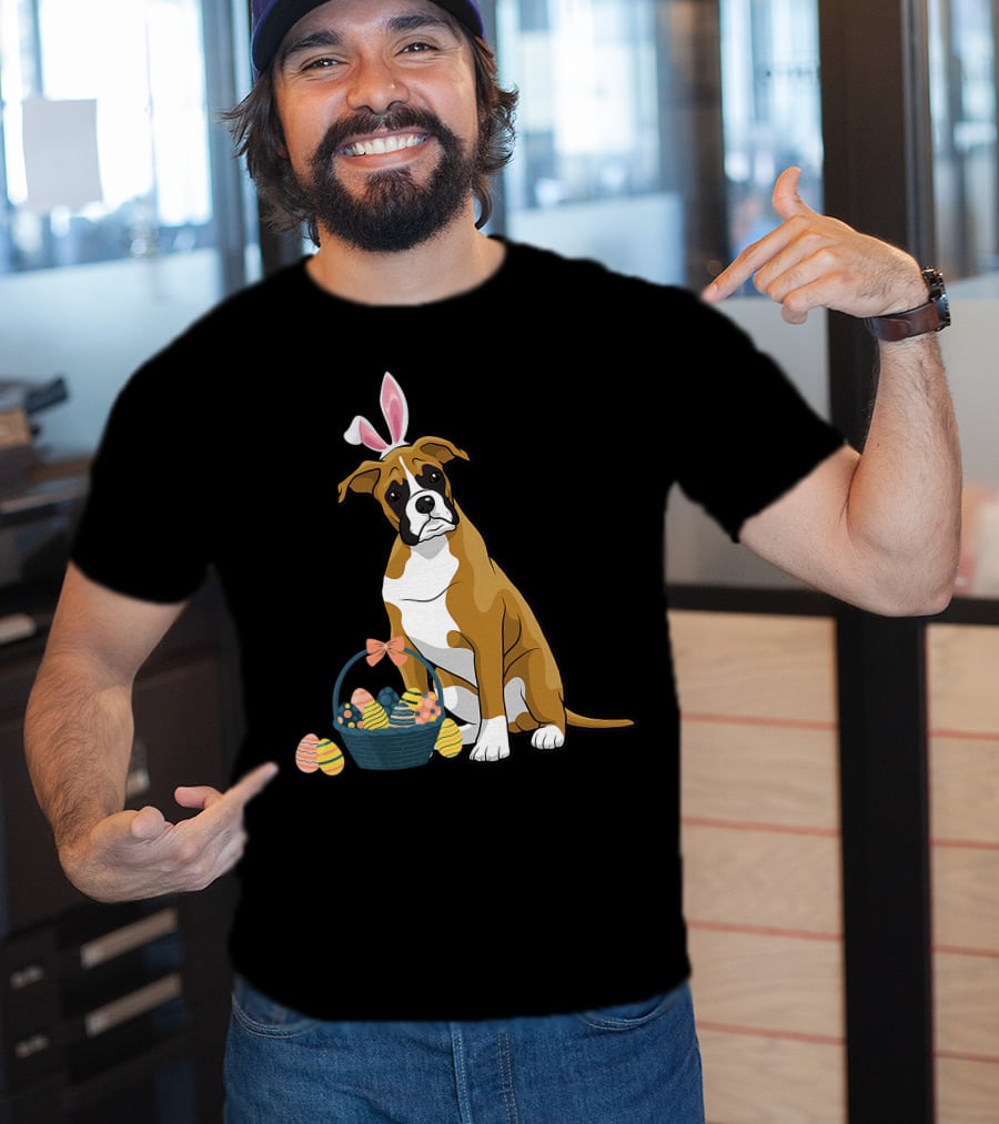 Bunny Ears Boxer Dog Cute Doge Rabbit With Easter Eggs Basket T-Shirt