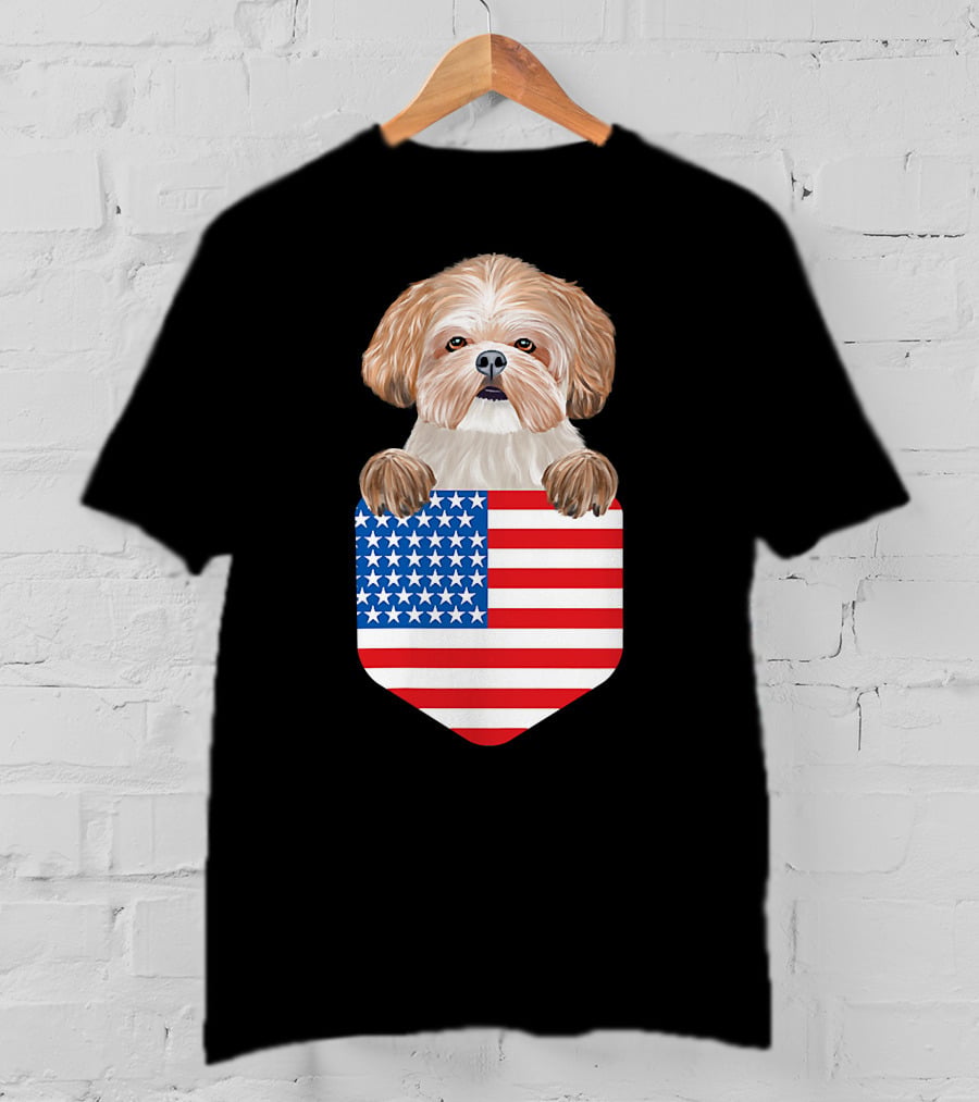 Shih Tzu Dog In American Flag Pocket T-Shirt