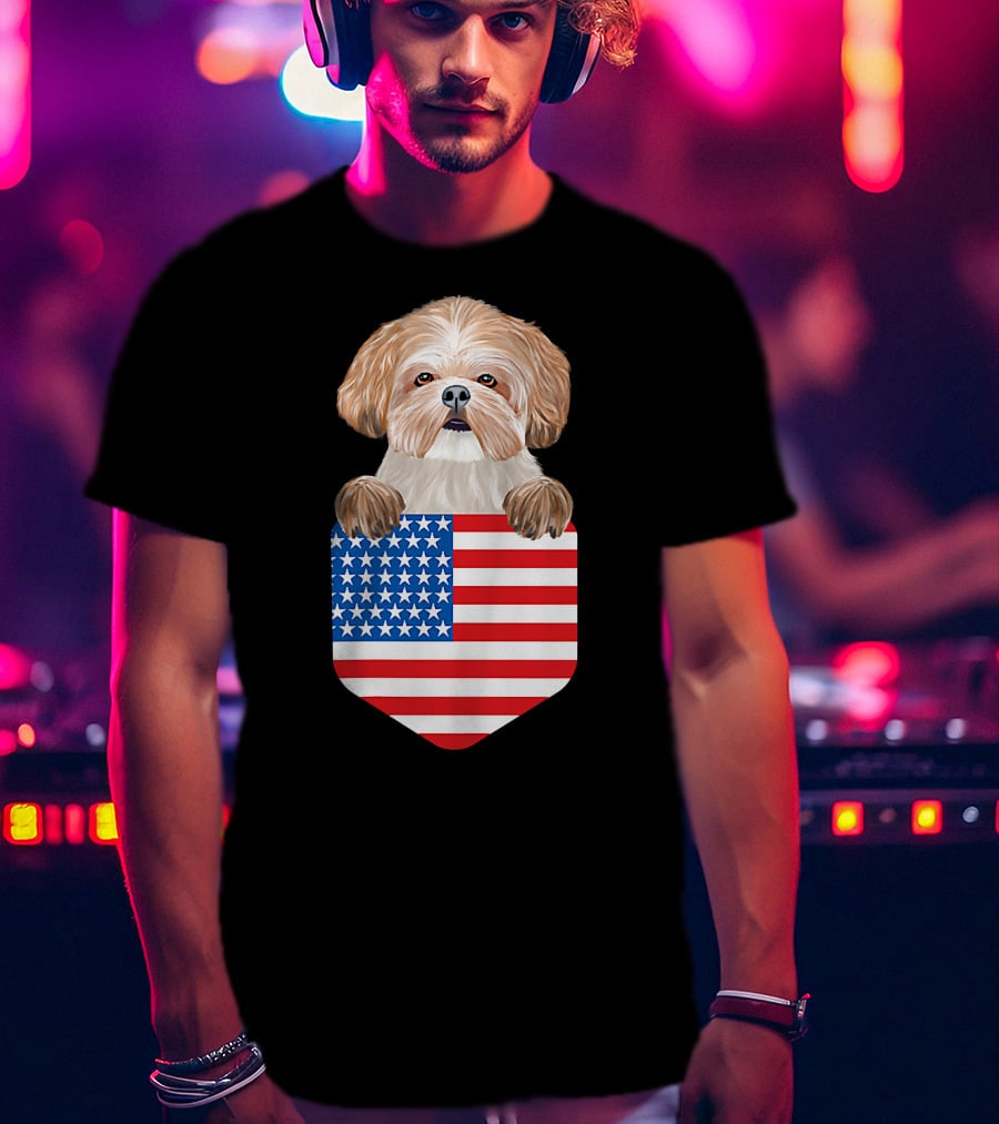 Shih Tzu Dog In American Flag Pocket T-Shirt