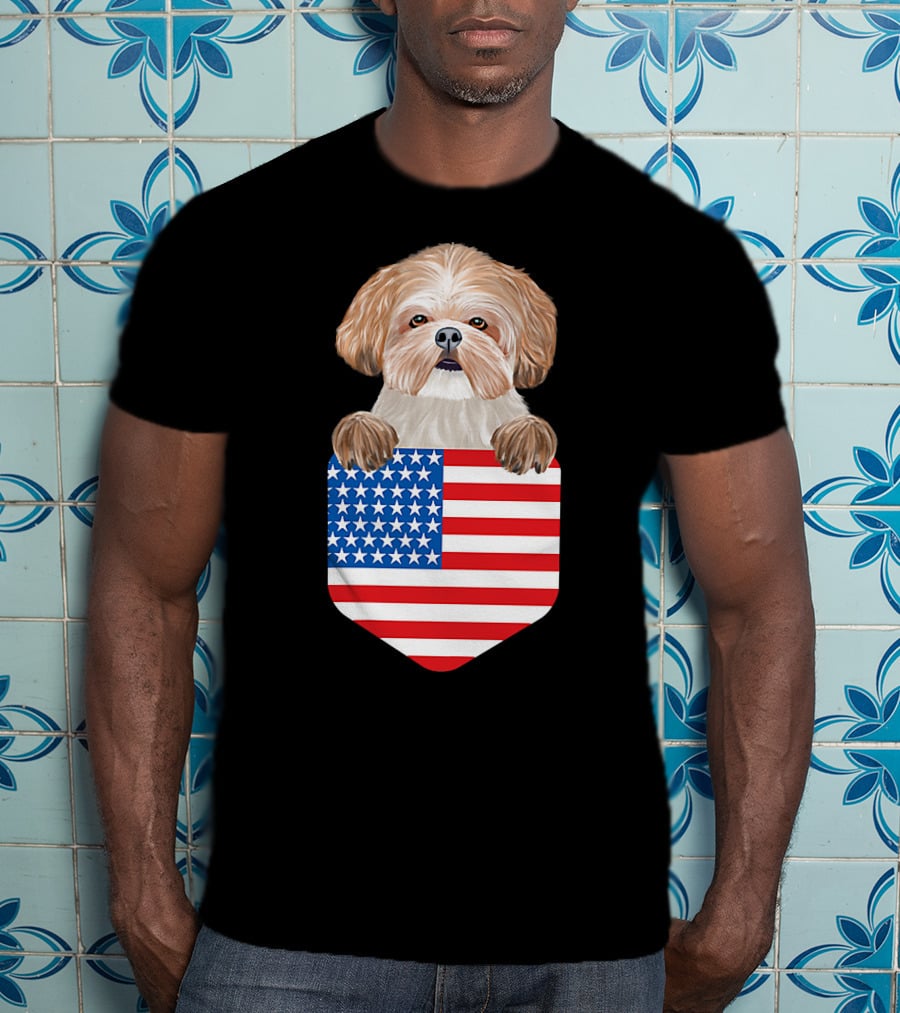 Shih Tzu Dog In American Flag Pocket T-Shirt