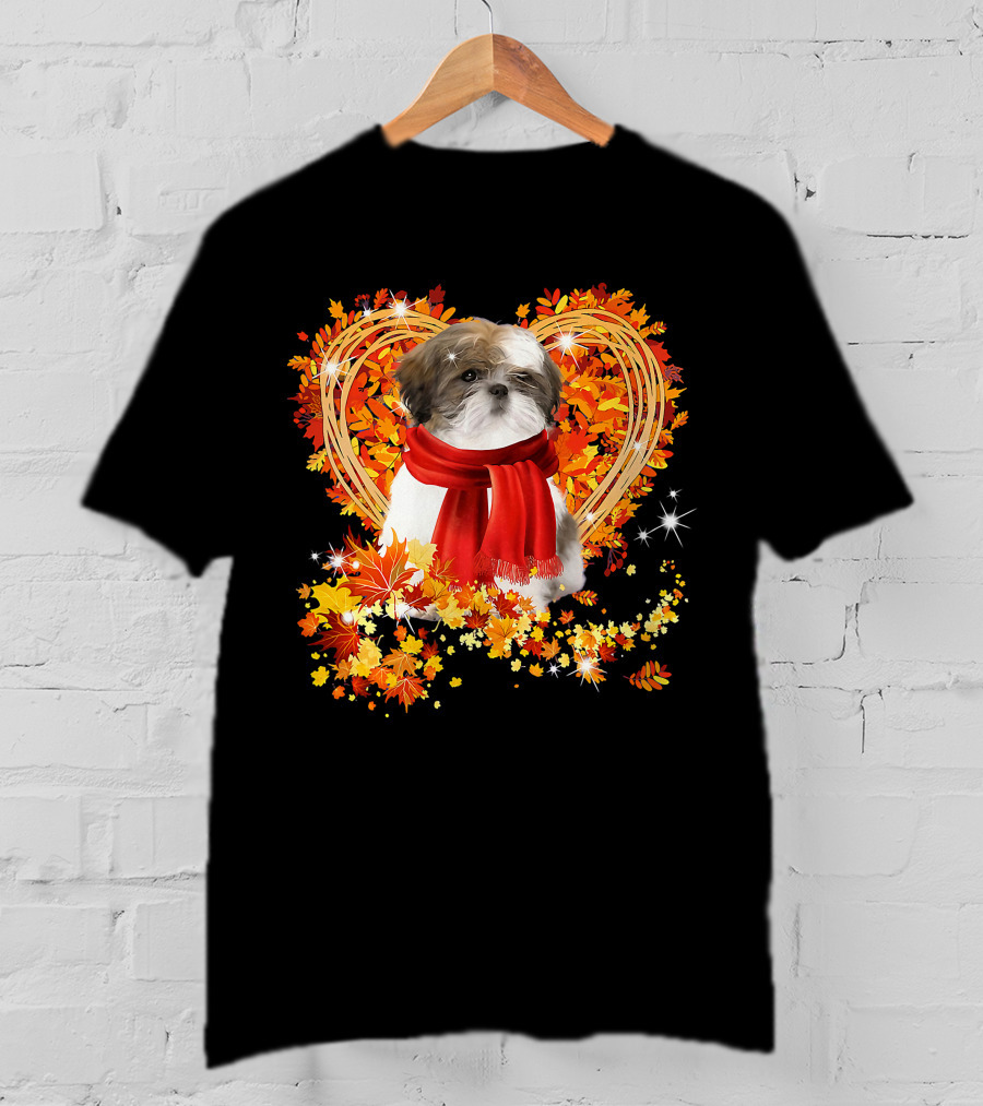 Baby Shih Tzu Love Autumn Fall Season With Heart Leaves T-Shirt