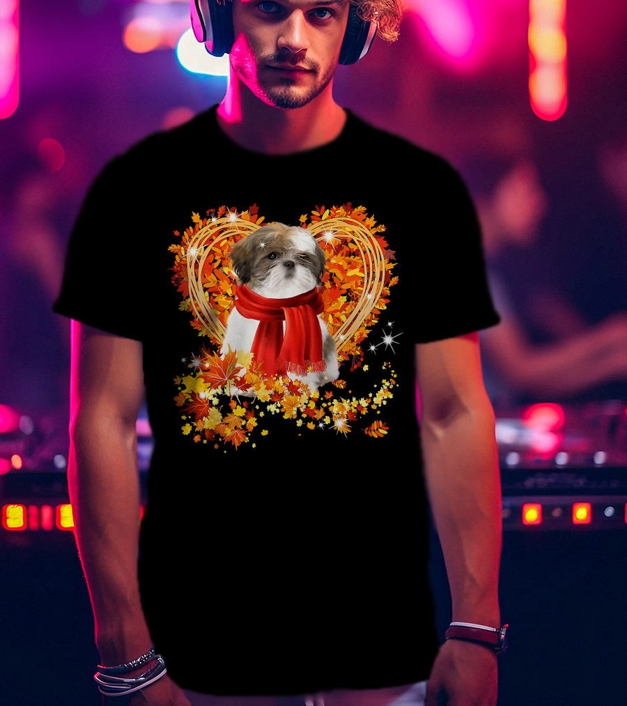 Baby Shih Tzu Love Autumn Fall Season With Heart Leaves T-Shirt