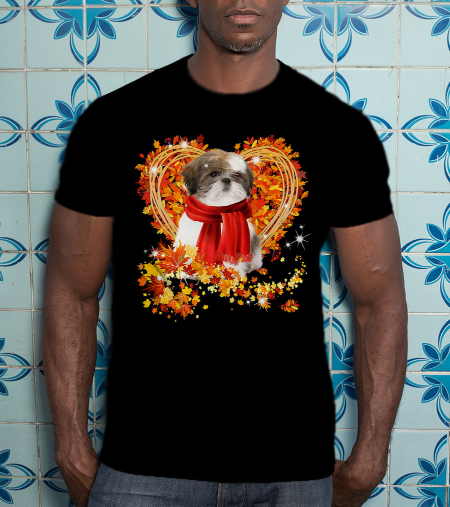 Baby Shih Tzu Love Autumn Fall Season With Heart Leaves T-Shirt