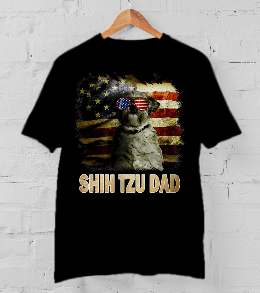 Shih Tzu Dad American Flag Glasses Patriotic Dog Holiday T-Shirt