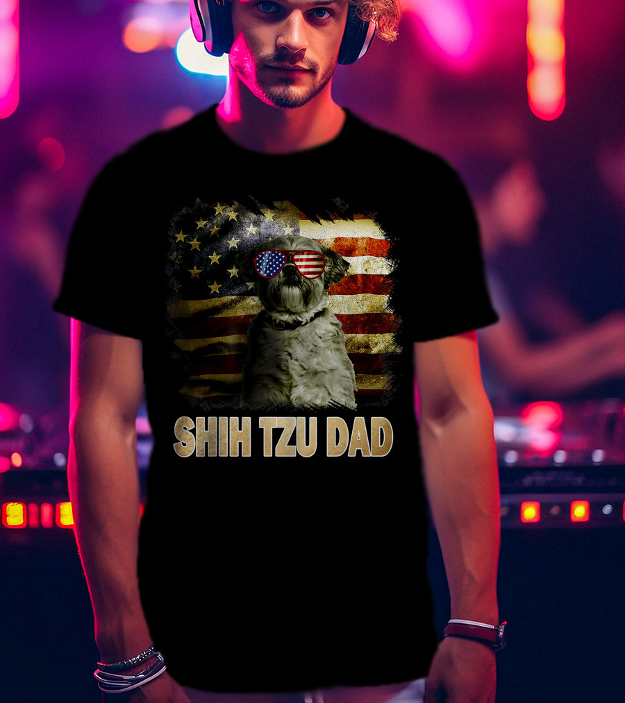 Shih Tzu Dad American Flag Glasses Patriotic Dog Holiday T-Shirt