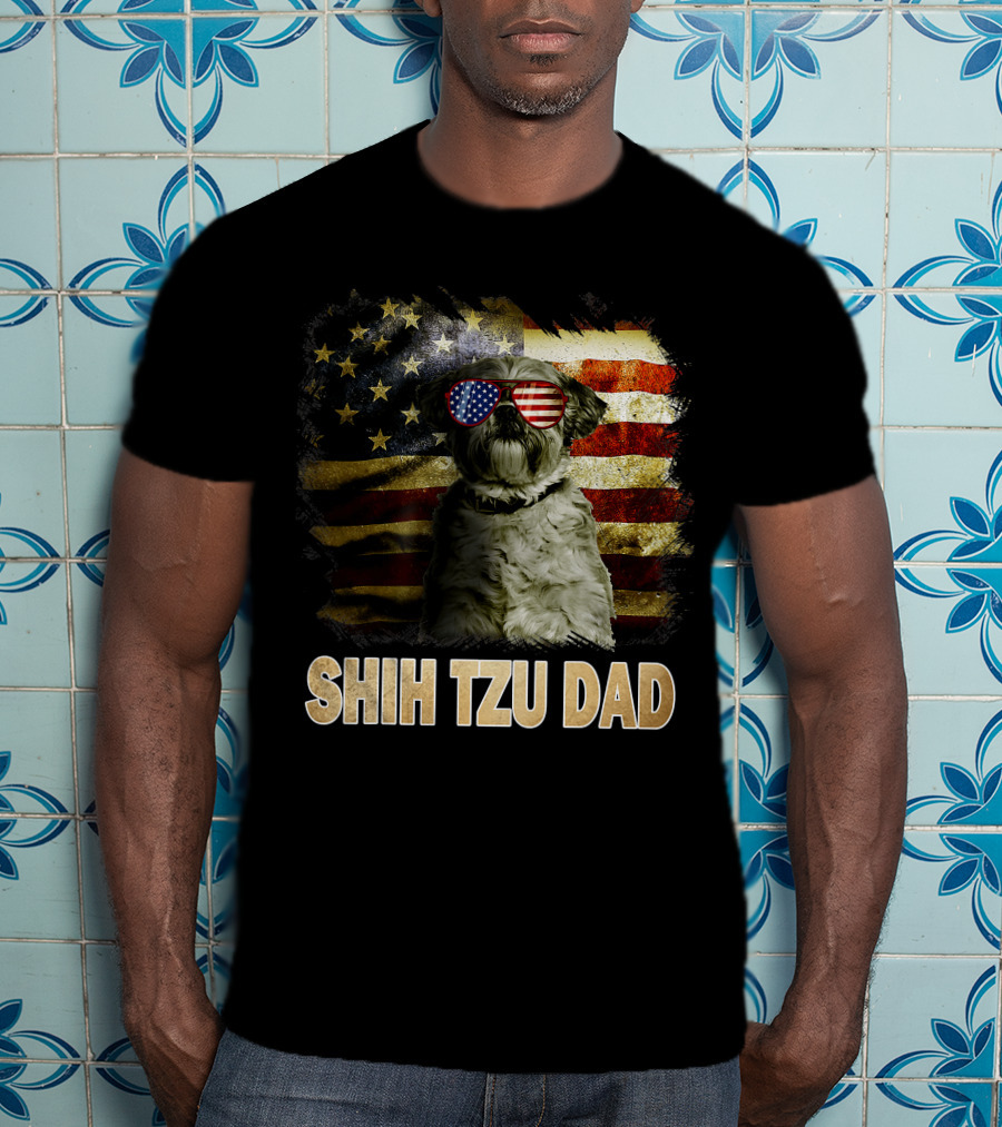 Shih Tzu Dad American Flag Glasses Patriotic Dog Holiday T-Shirt