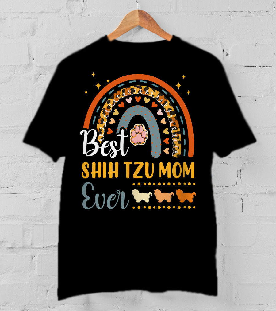 Shih Tzu Mom Ever Paw Print Rainbow Hearts T-Shirt
