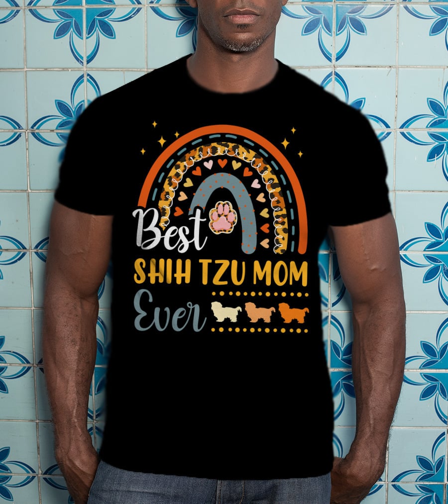 Shih Tzu Mom Ever Paw Print Rainbow Hearts T-Shirt