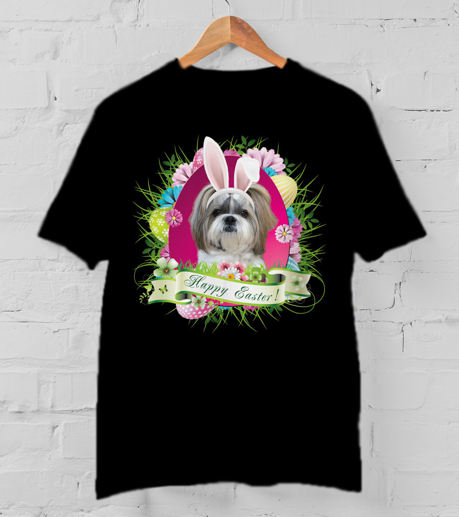 Happy Easter Bunny Shih Tzu Dog With Flowers And Eggs T-Shirt