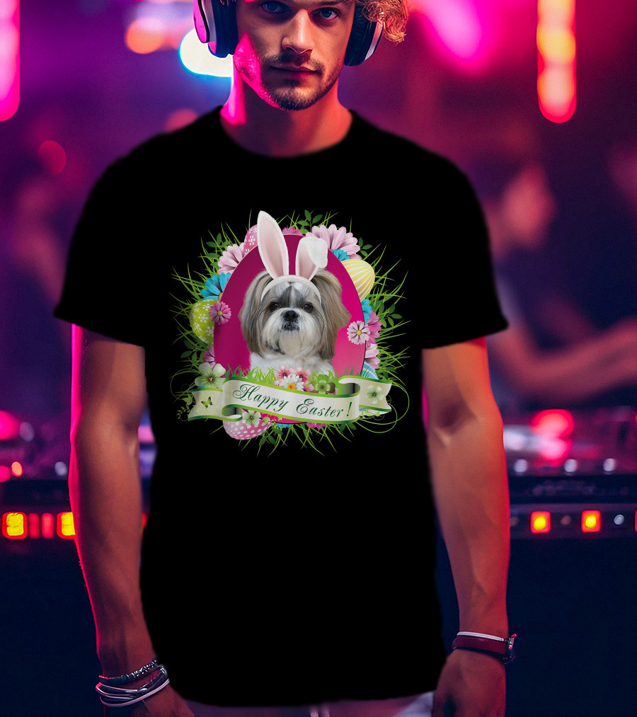 Happy Easter Bunny Shih Tzu Dog With Flowers And Eggs T-Shirt