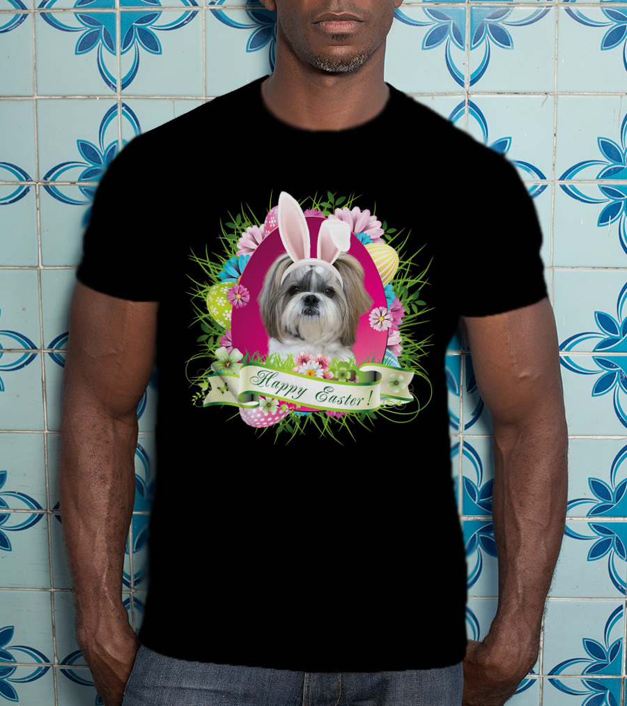 Happy Easter Bunny Shih Tzu Dog With Flowers And Eggs T-Shirt