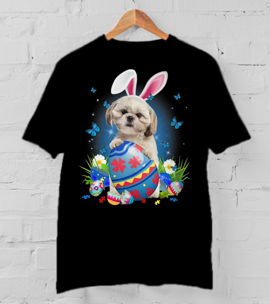 Easter Bunny Shih Tzu With Egg Basket And Flowers T-Shirt