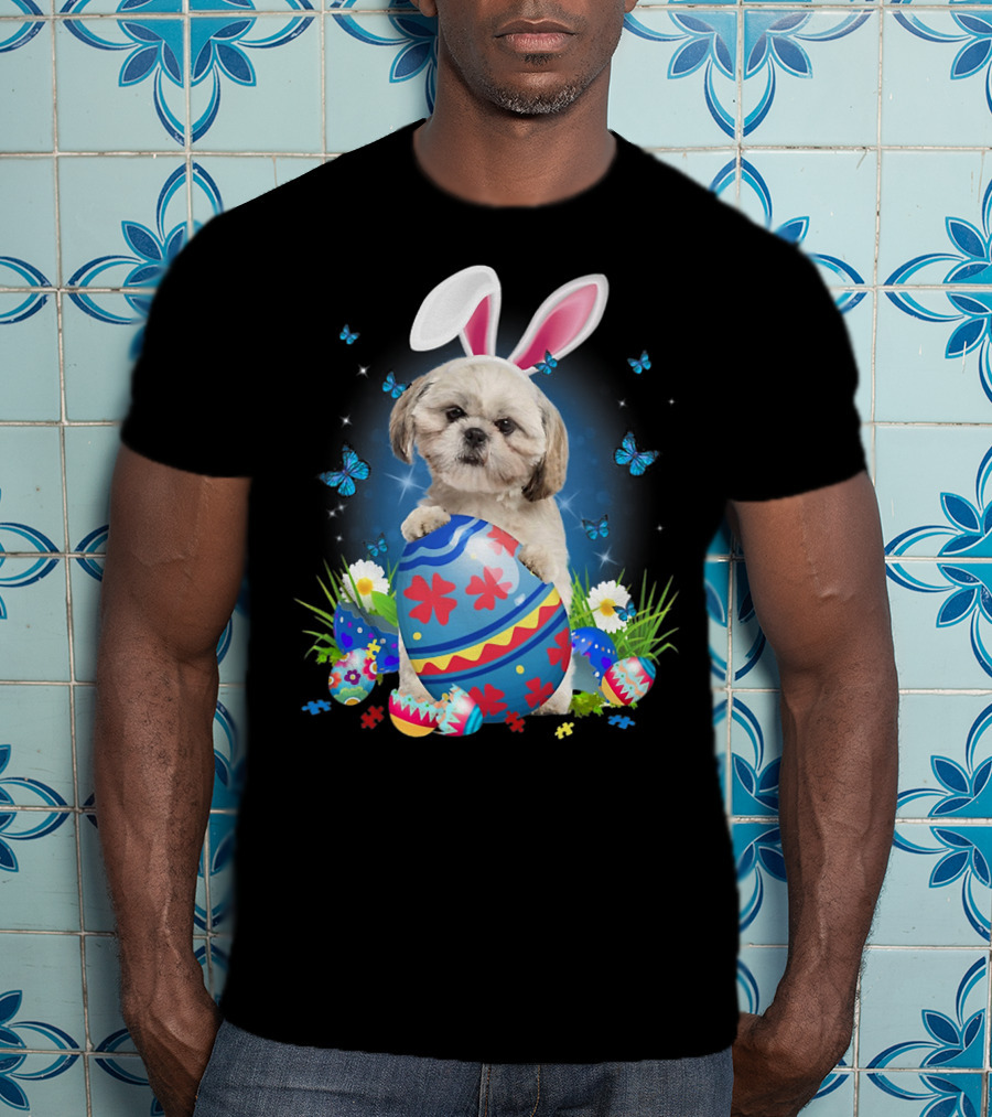 Easter Bunny Shih Tzu With Egg Basket And Flowers T-Shirt