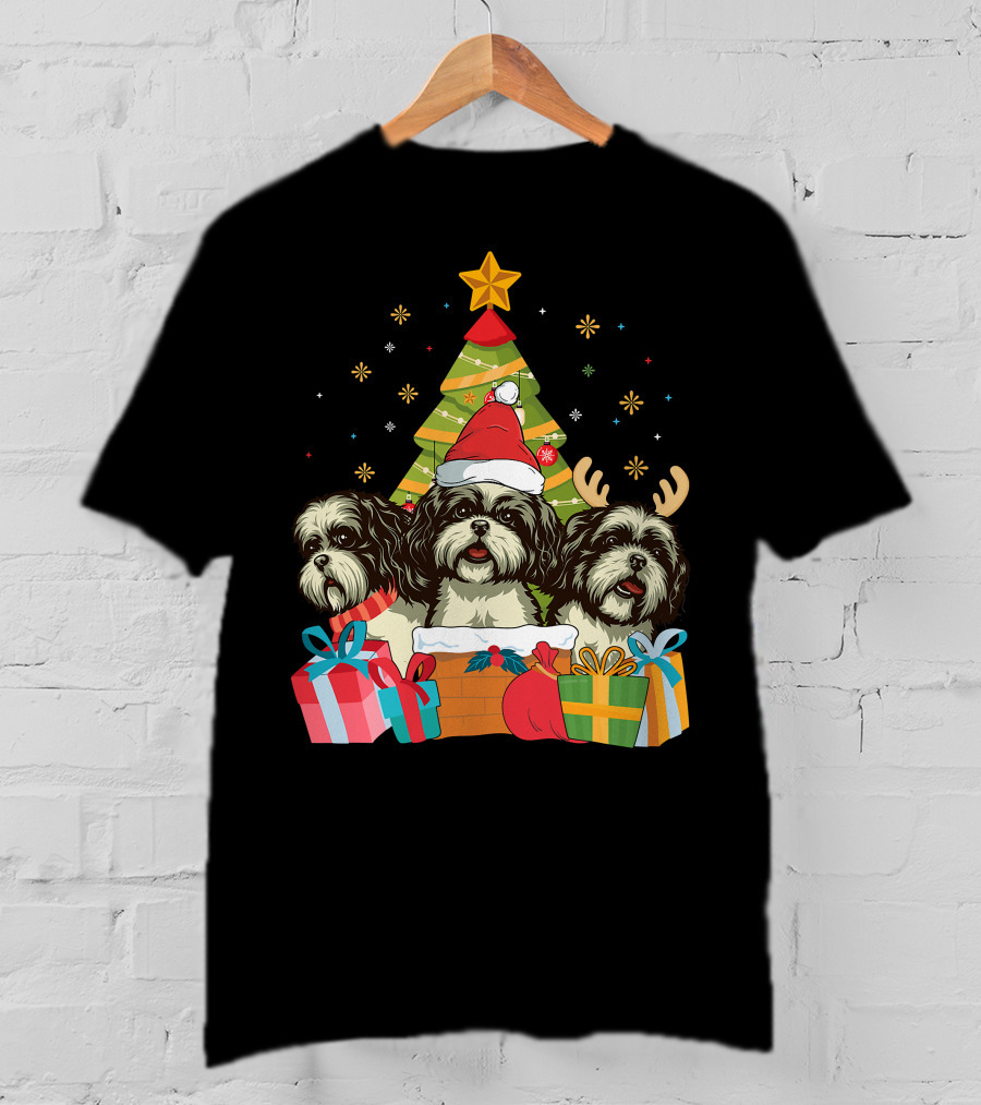 Christmas Shih Tzu Dogs With Santa Hat And Antlers By Xmas Tree T-Shirt