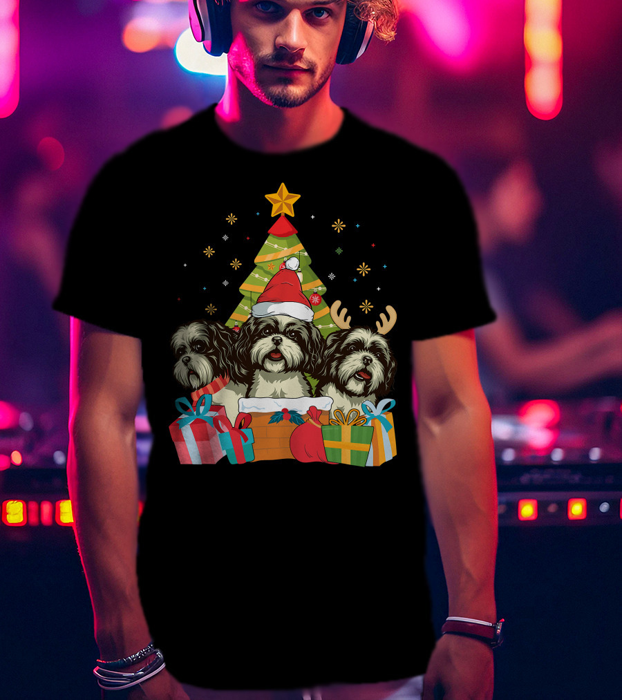 Christmas Shih Tzu Dogs With Santa Hat And Antlers By Xmas Tree T-Shirt