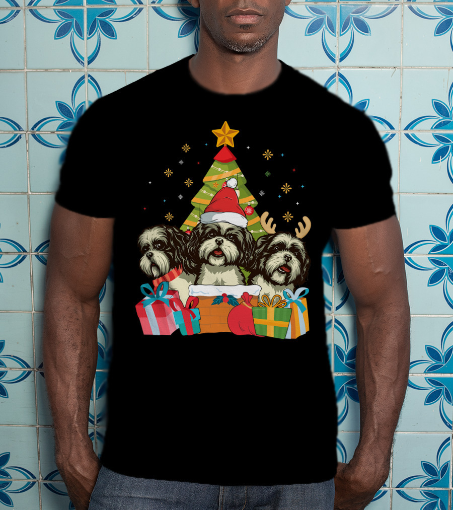 Christmas Shih Tzu Dogs With Santa Hat And Antlers By Xmas Tree T-Shirt