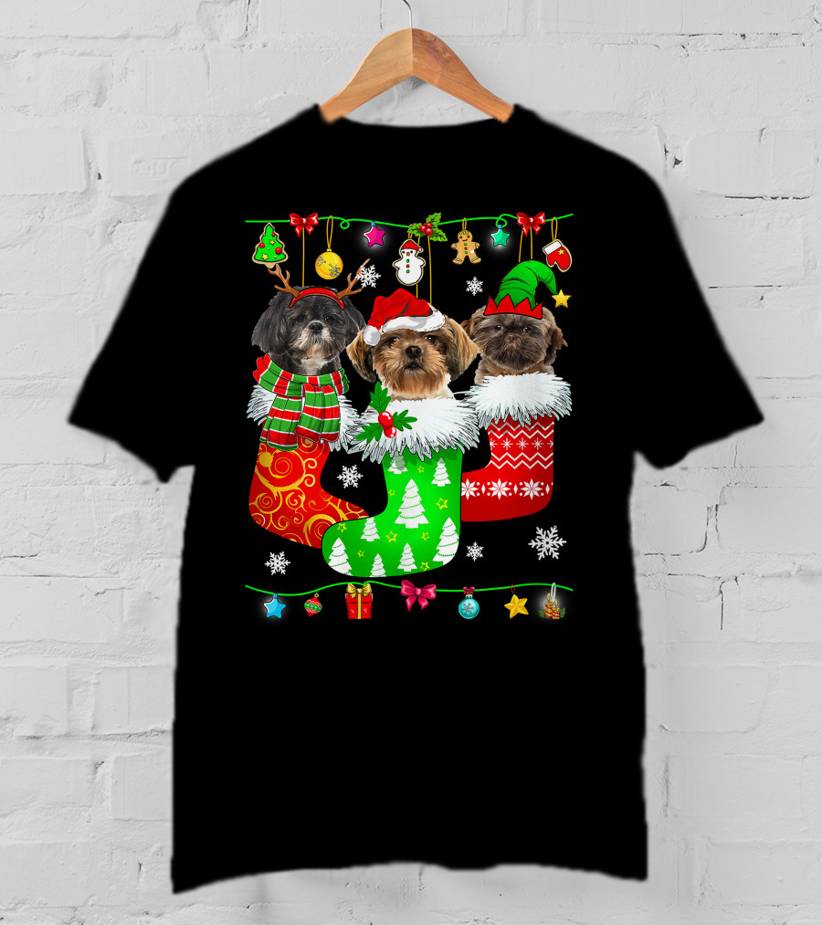 Christmas Shih Tzu Dogs In Festive Holiday Socks Pajama Lover T-Shirt