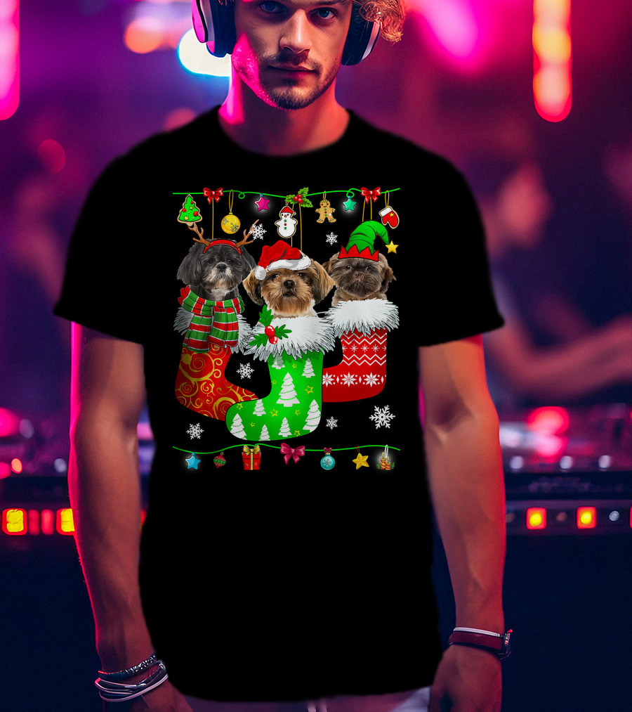 Christmas Shih Tzu Dogs In Festive Holiday Socks Pajama Lover T-Shirt