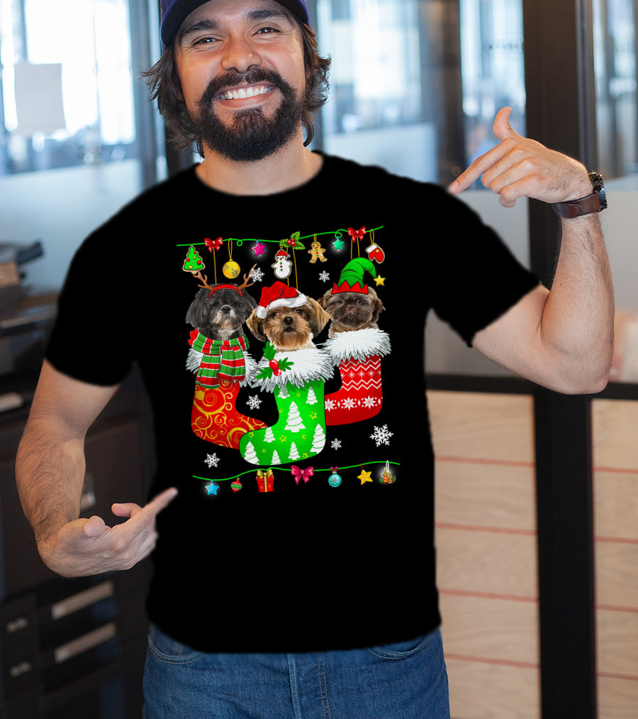 Christmas Shih Tzu Dogs In Festive Holiday Socks Pajama Lover T-Shirt