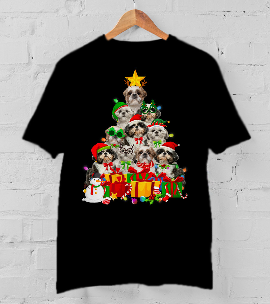 Christmas Tree Puppy Love Shih Tzu Dog Xmas Lights T-Shirt