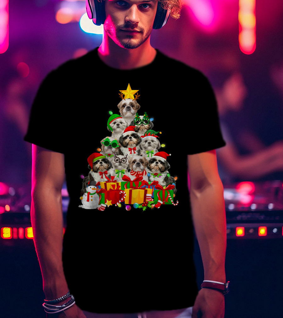 Christmas Tree Puppy Love Shih Tzu Dog Xmas Lights T-Shirt