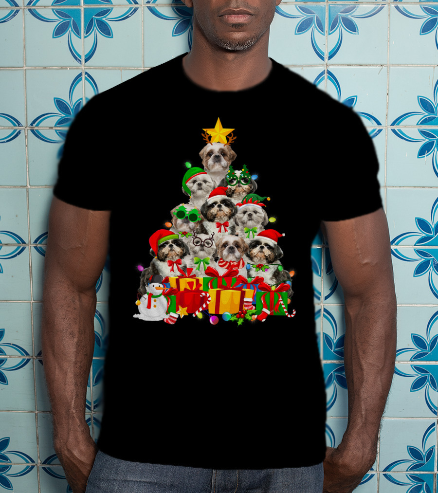 Christmas Tree Puppy Love Shih Tzu Dog Xmas Lights T-Shirt