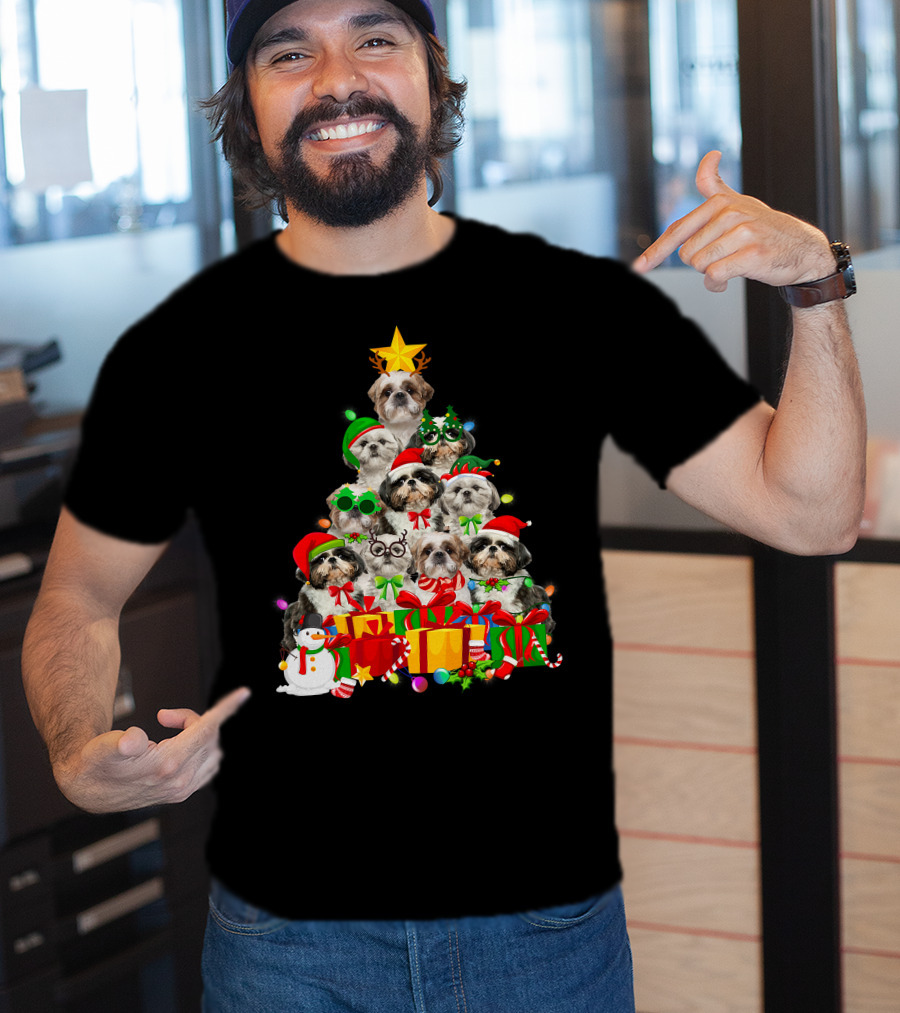 Christmas Tree Puppy Love Shih Tzu Dog Xmas Lights T-Shirt