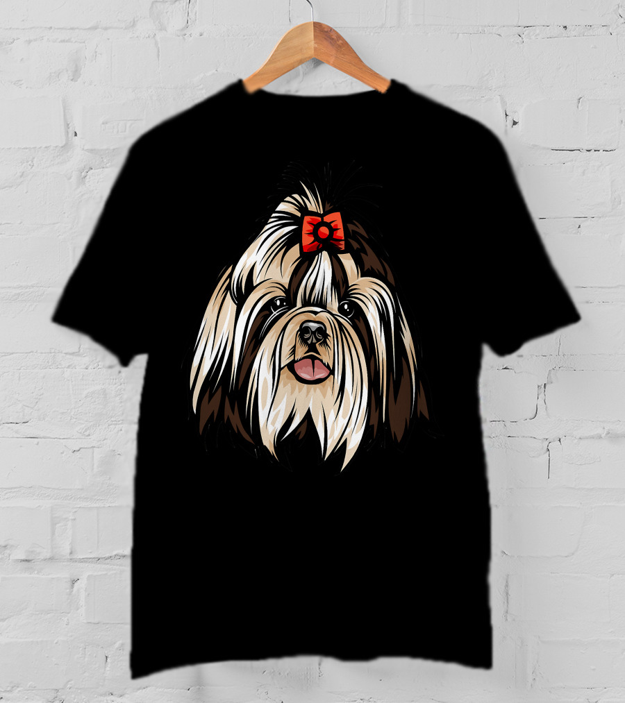 Cool Shih Tzu Face Red Bow Detailed T-Shirt