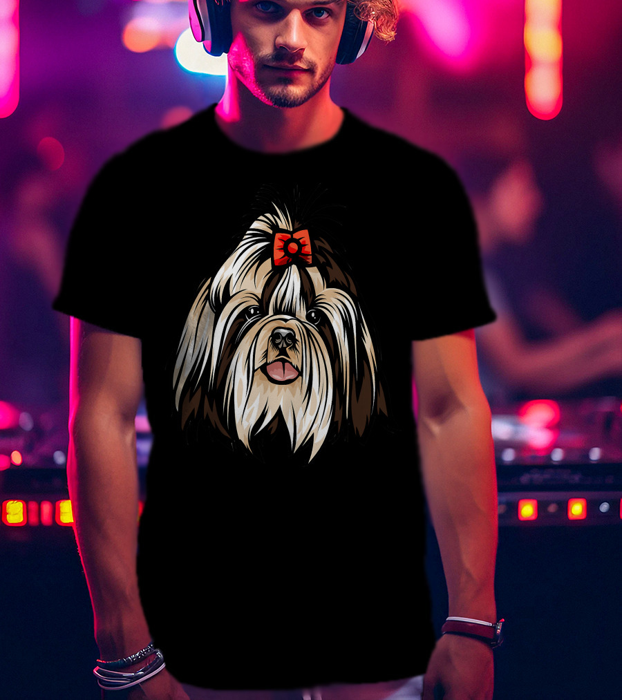 Cool Shih Tzu Face Red Bow Detailed T-Shirt