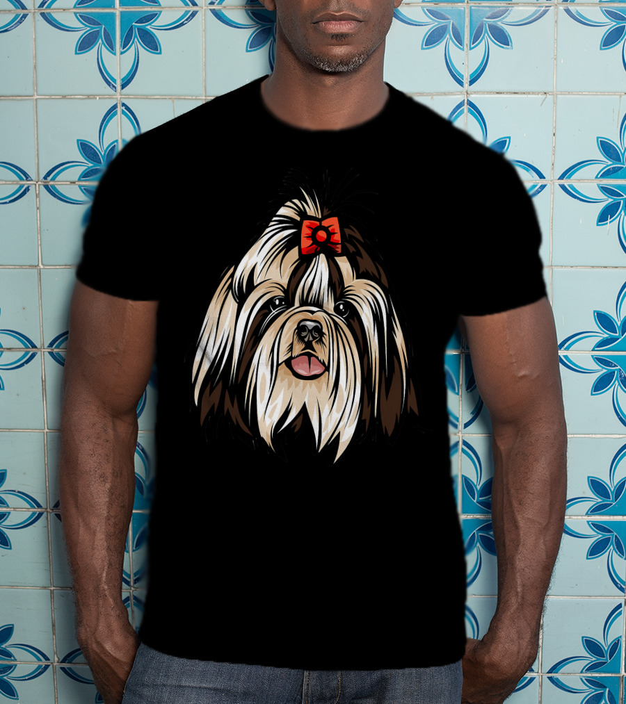 Cool Shih Tzu Face Red Bow Detailed T-Shirt