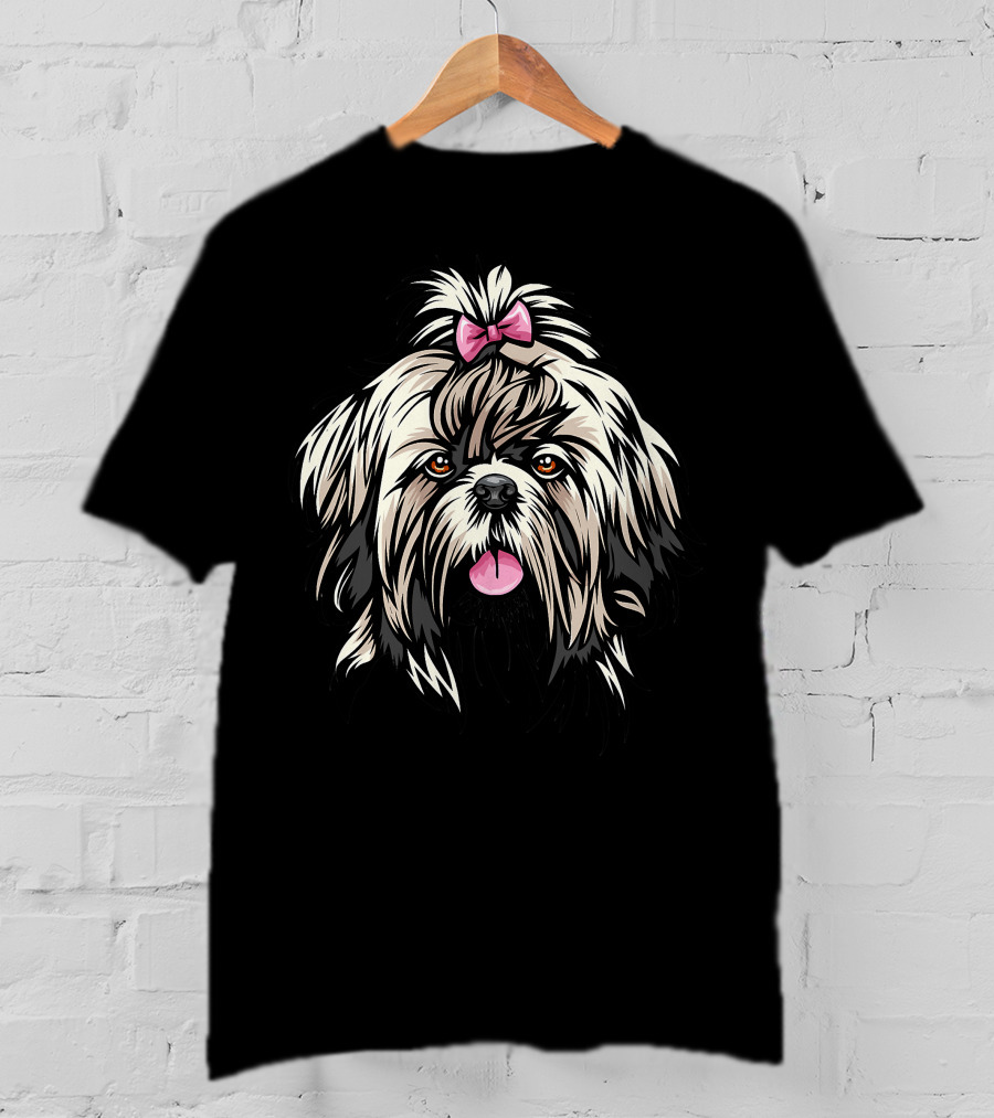 Cool Shih Tzu Face Pink Bow Cartoon T-Shirt