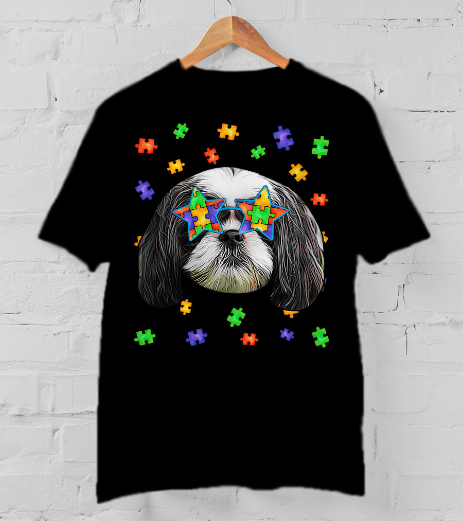 Autism Shih Tzu Dog Wearing Star Puzzle Piece Sunglasses With Colorful Pet Puzzle Surrounding T-Shirt