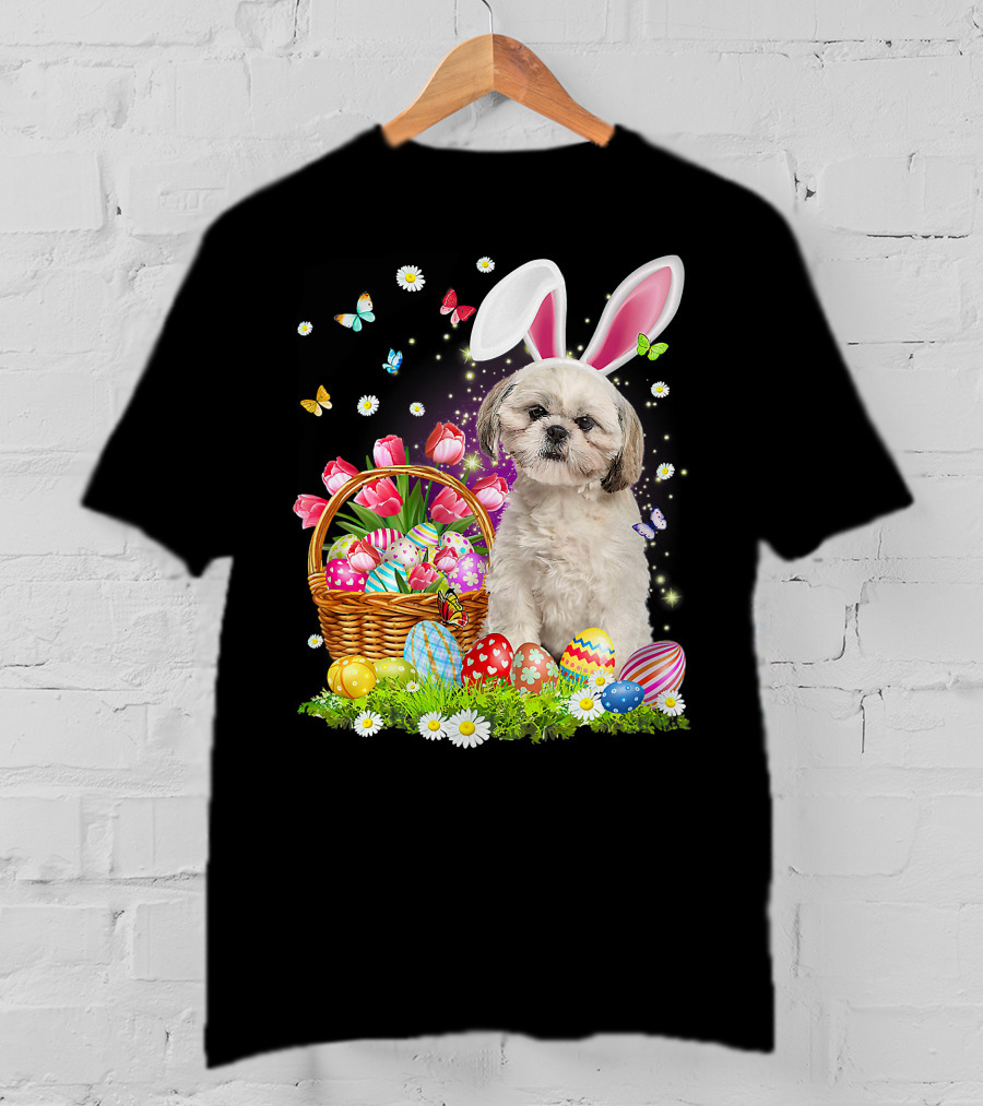 Shih Tzu Bunny Ears With Easter Eggs And Flower Basket T-Shirt