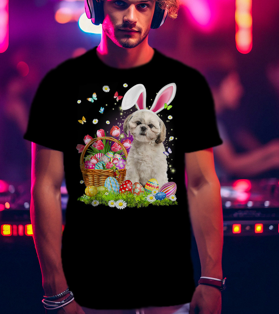 Shih Tzu Bunny Ears With Easter Eggs And Flower Basket T-Shirt