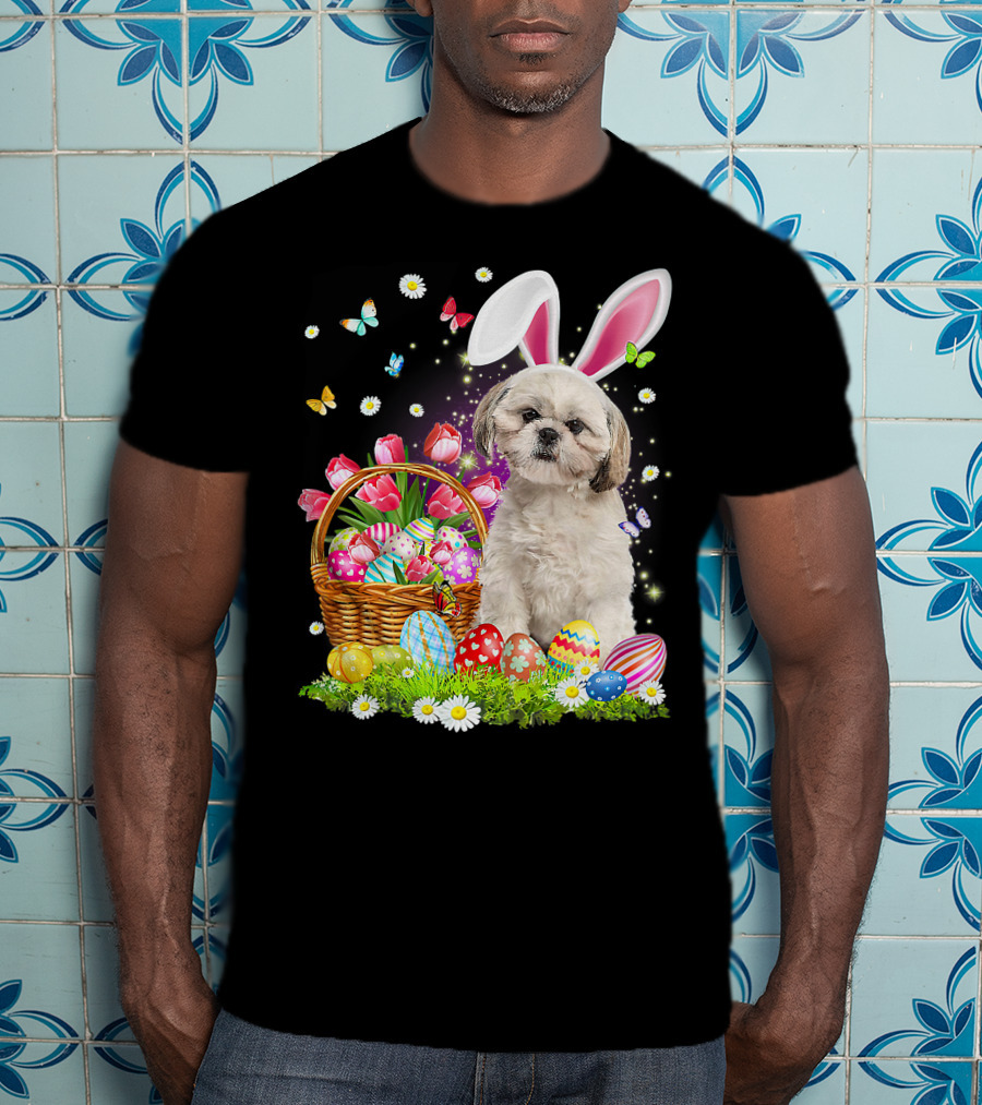 Shih Tzu Bunny Ears With Easter Eggs And Flower Basket T-Shirt