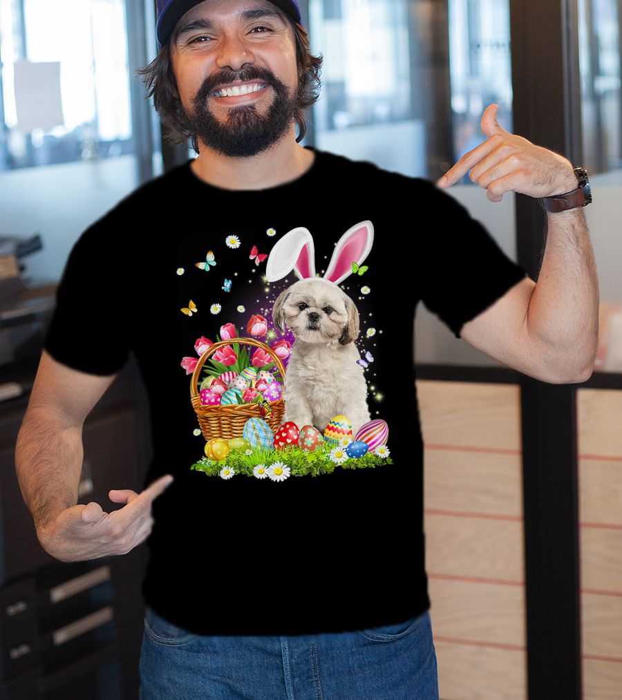 Shih Tzu Bunny Ears With Easter Eggs And Flower Basket T-Shirt