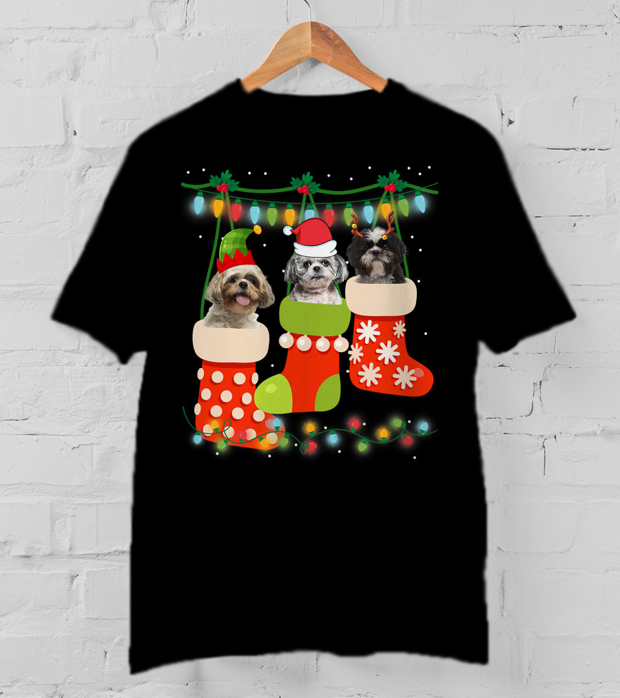 Cute Christmas Shih Tzu In Sock With Santa Hat Reindeer Antlers And Elf Hat T-Shirt