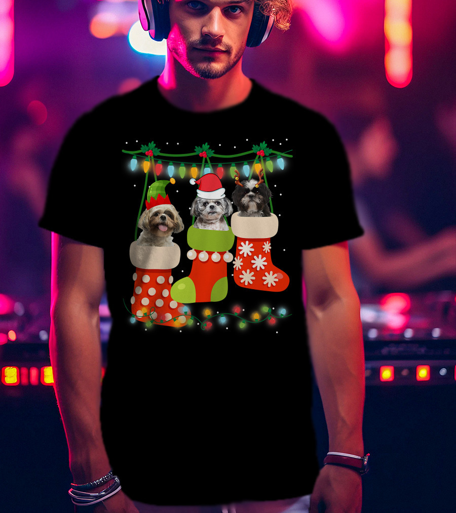 Cute Christmas Shih Tzu In Sock With Santa Hat Reindeer Antlers And Elf Hat T-Shirt