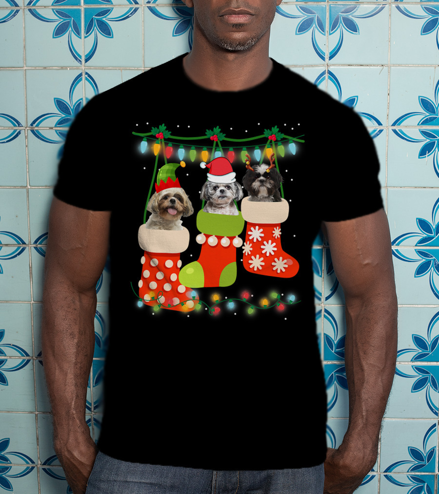 Cute Christmas Shih Tzu In Sock With Santa Hat Reindeer Antlers And Elf Hat T-Shirt