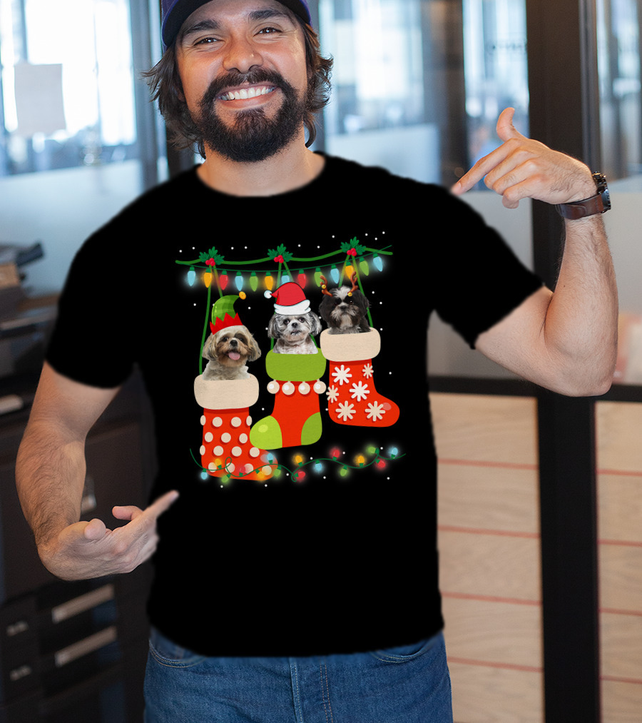 Cute Christmas Shih Tzu In Sock With Santa Hat Reindeer Antlers And Elf Hat T-Shirt