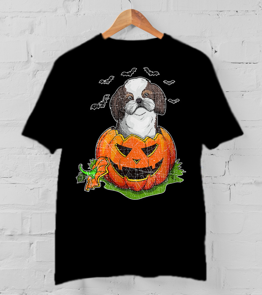 Cute Shih Tzu In Halloween Pumpkin With Bats T-Shirt